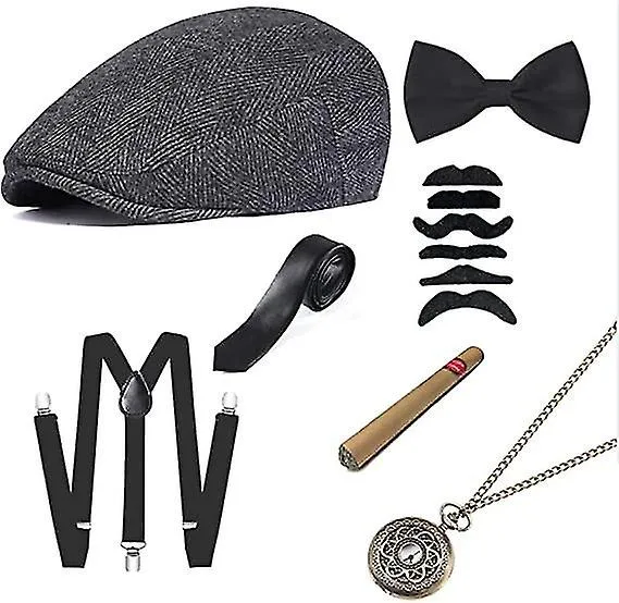 1920s Mens Gatsby Gangster Costume Set, 20s Retro Gangster Costume Men's Neck Bow Tie Pocket Watch