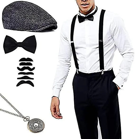 1920s Mens Gatsby Gangster Costume Set, 20s Retro Gangster Costume Men's Neck Bow Tie Pocket Watch