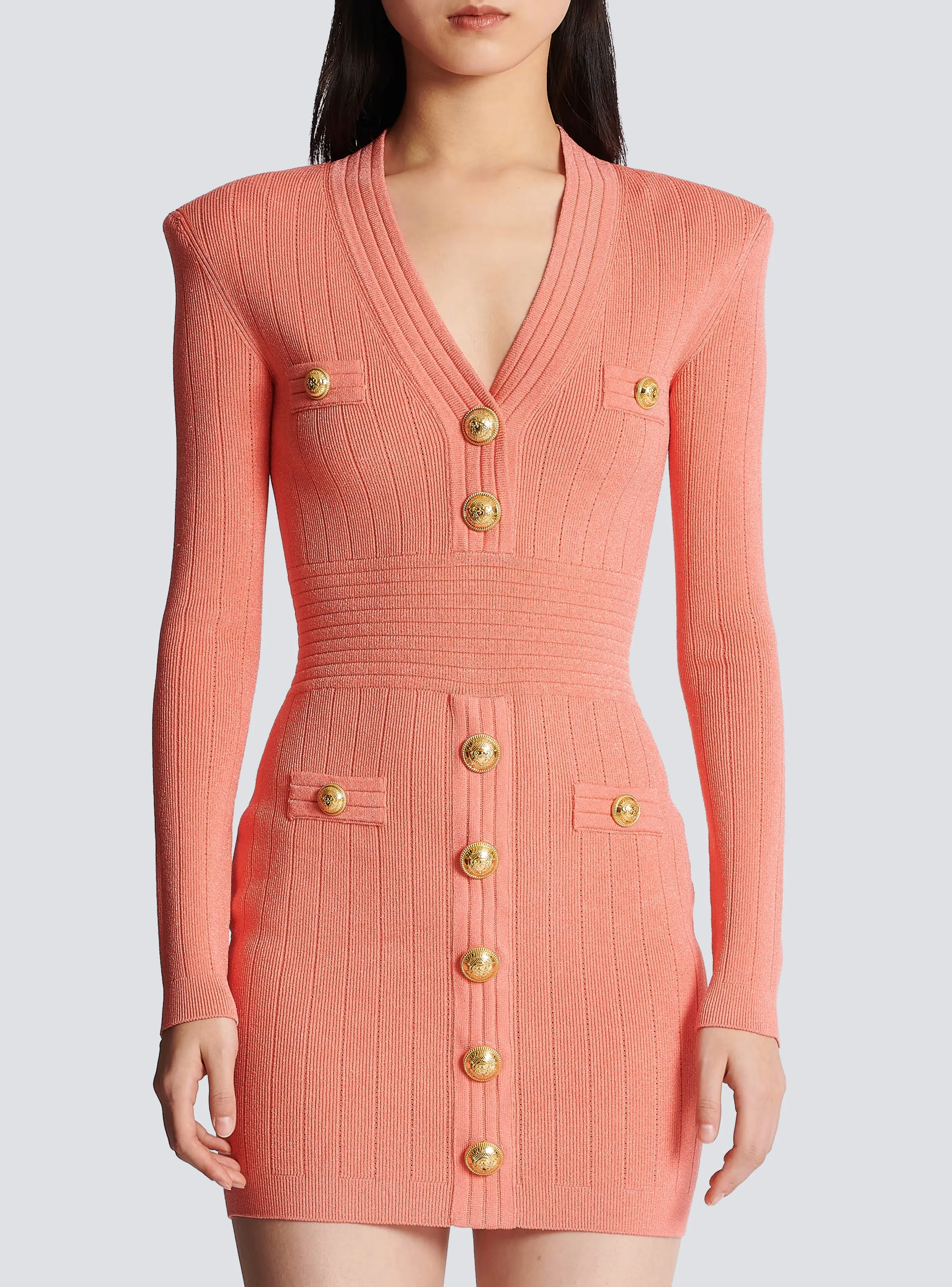 Balmain Women Fine Knit Dress With Buttons Salmon
