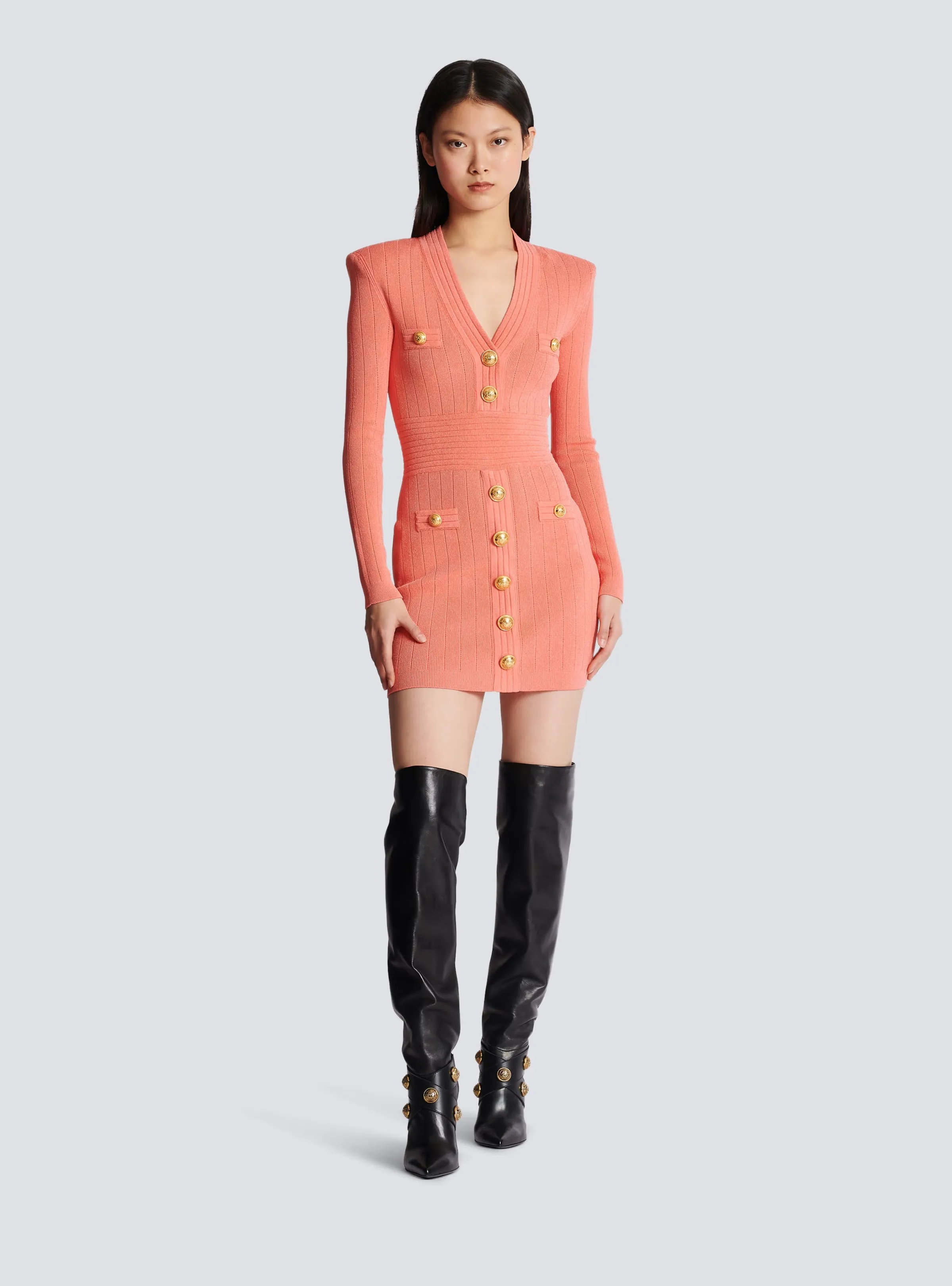 Balmain Women Fine Knit Dress With Buttons Salmon