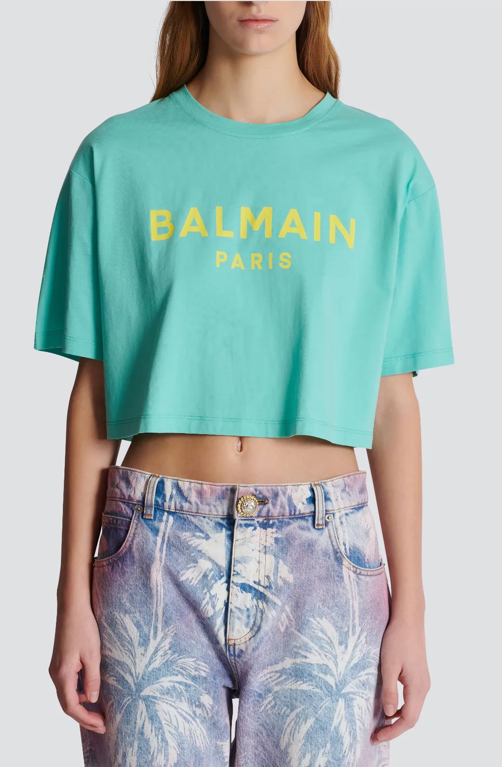 BALMAIN WOMEN TSHIRT WITH BALMAIN PARIS PRINT BLUE