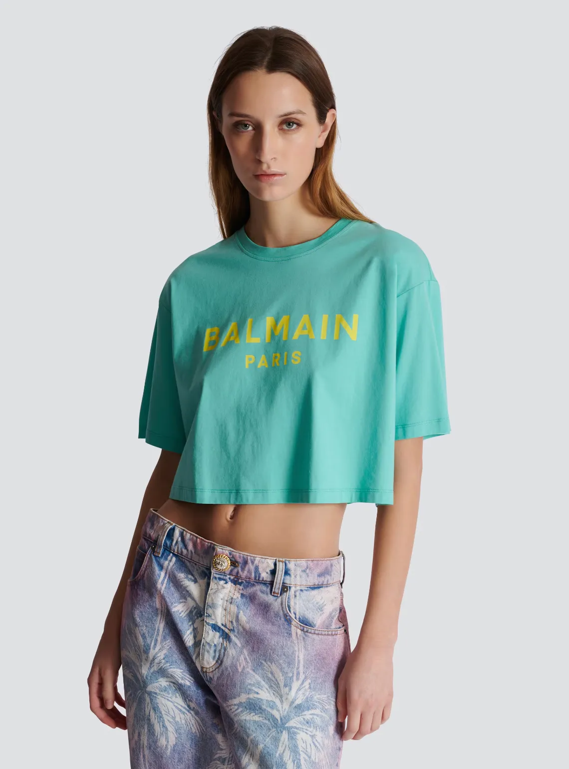 BALMAIN WOMEN TSHIRT WITH BALMAIN PARIS PRINT BLUE