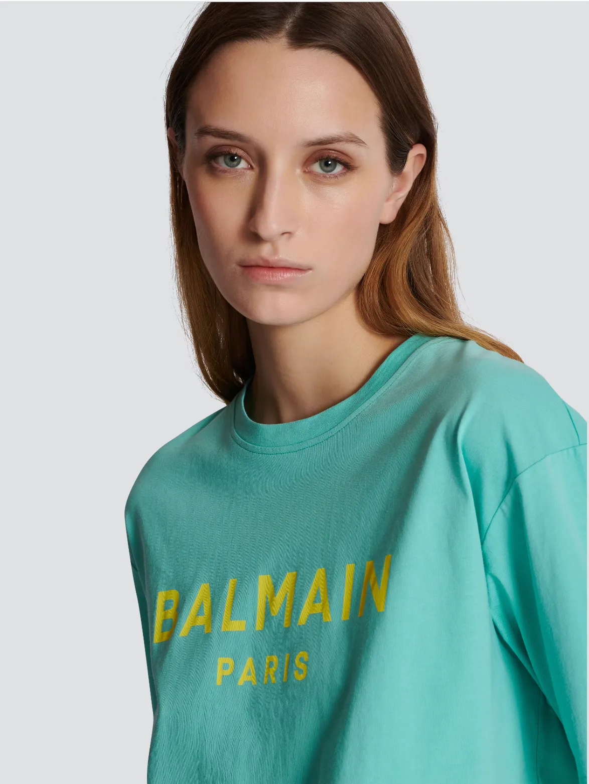 BALMAIN WOMEN TSHIRT WITH BALMAIN PARIS PRINT BLUE
