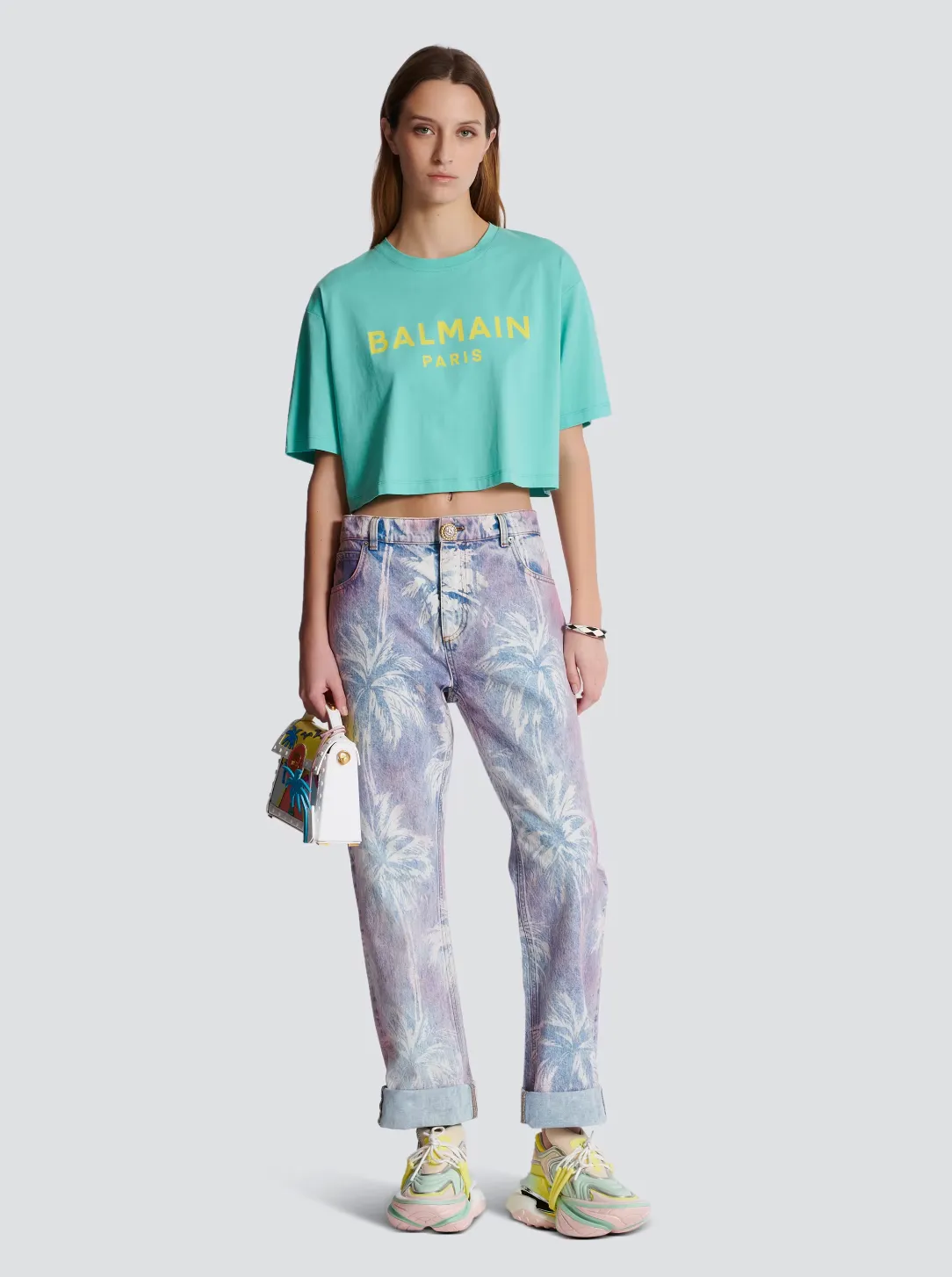 BALMAIN WOMEN TSHIRT WITH BALMAIN PARIS PRINT BLUE