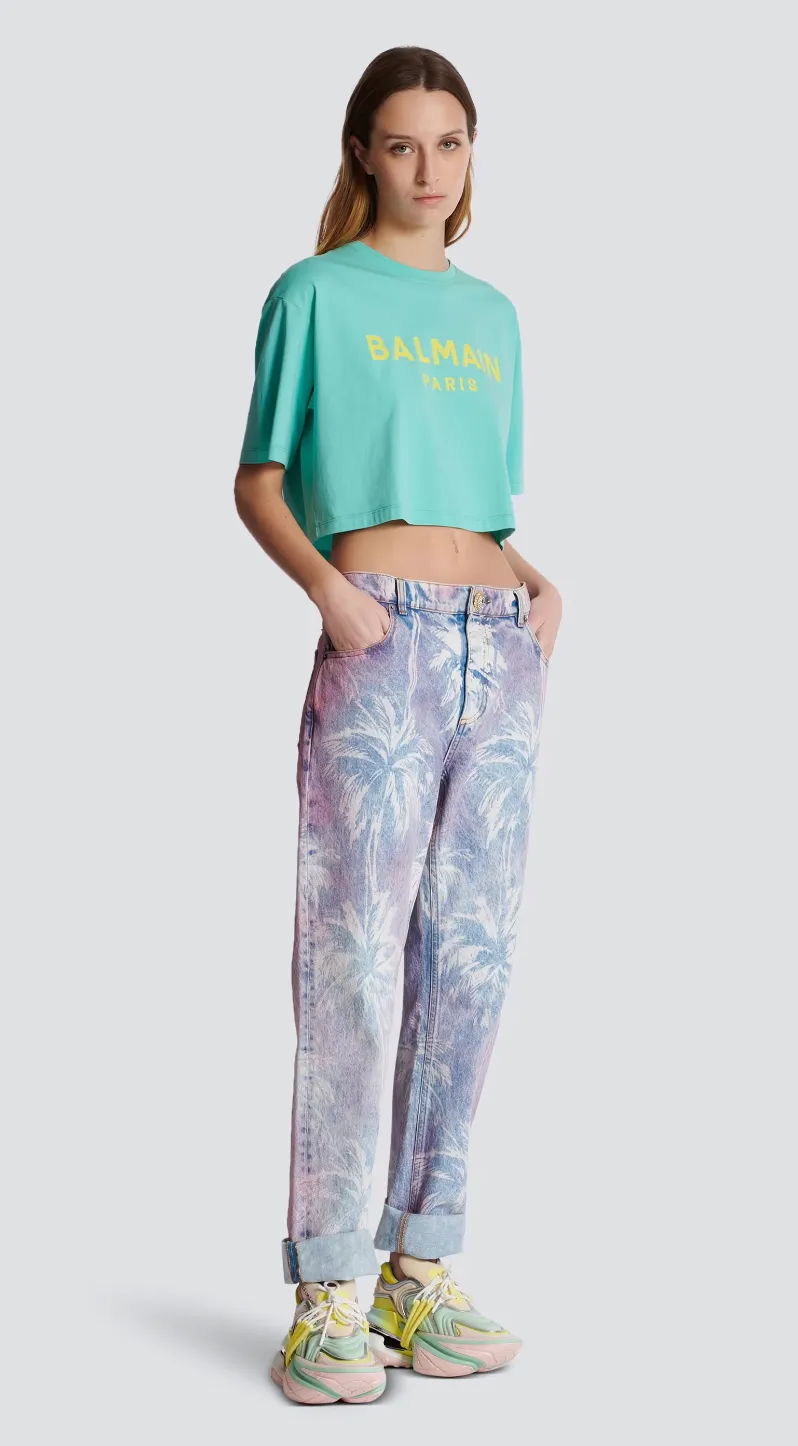 BALMAIN WOMEN TSHIRT WITH BALMAIN PARIS PRINT BLUE