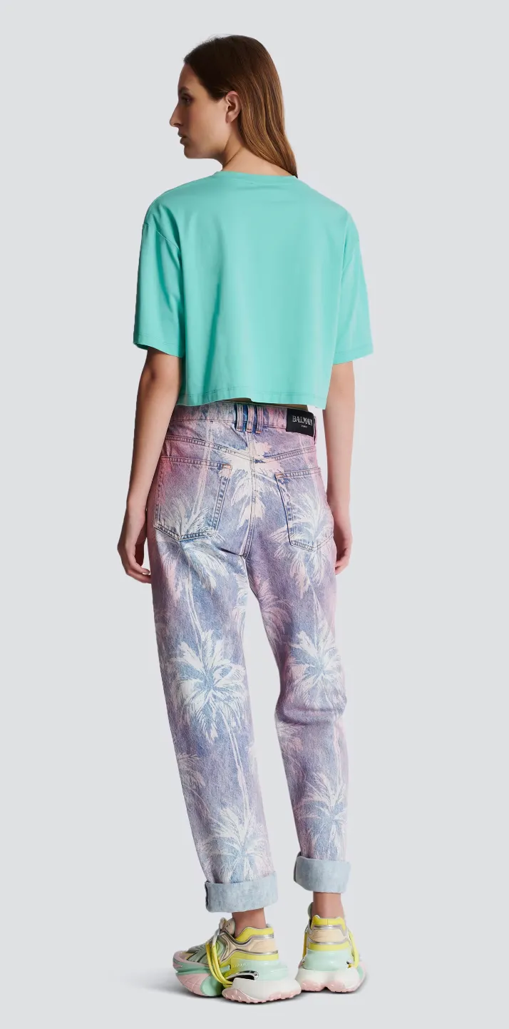 BALMAIN WOMEN TSHIRT WITH BALMAIN PARIS PRINT BLUE