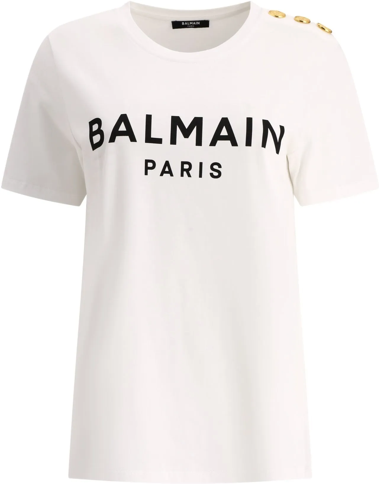 BALMAIN WOMEN WHITE TSHIRT WITH BLACK LOGO AND GOLDEN BUTTONS