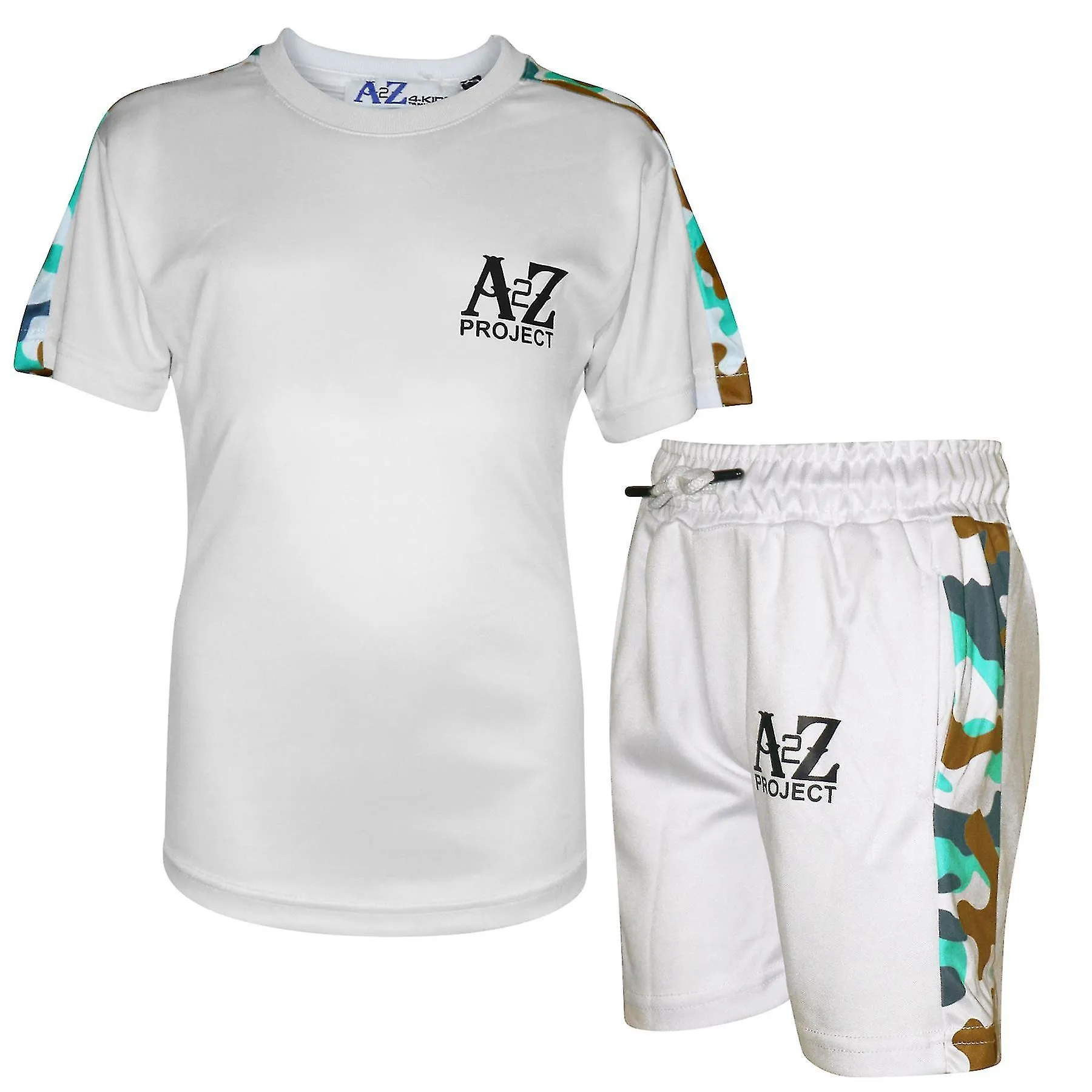 Boys White T Shirt A2Z Project Camo Panelled Short Set