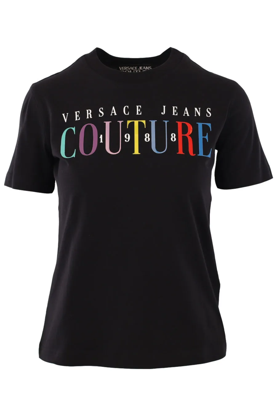 Camiseta negra con logo multicolor centro