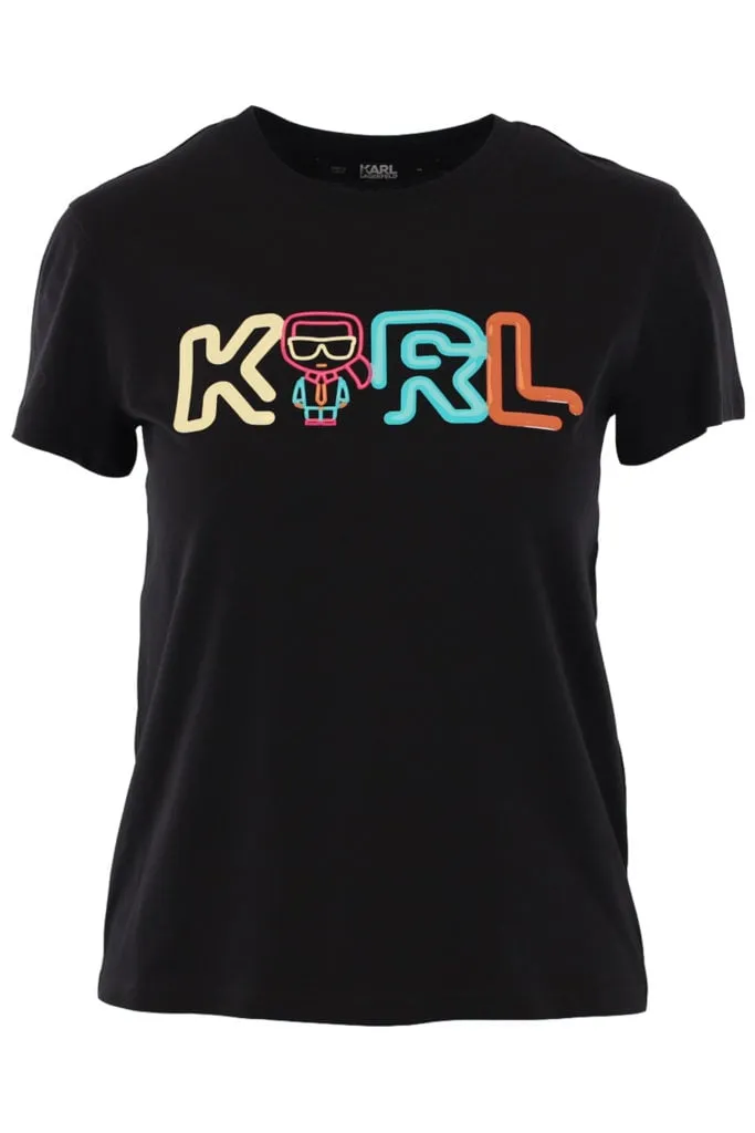 Camiseta negra con logo multicolor de goma