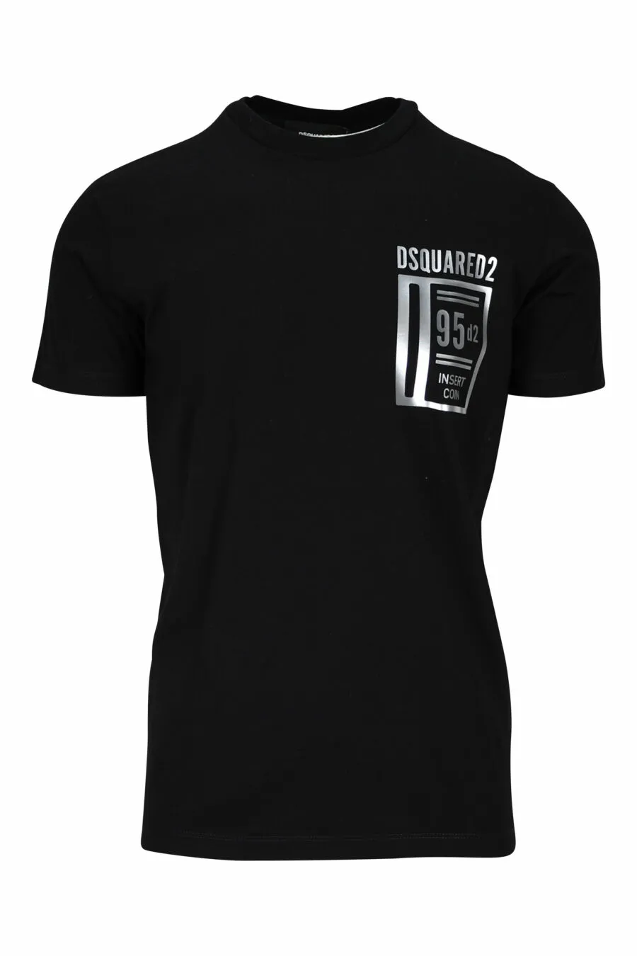 Camiseta negra con logo plateado y estampado de monedero