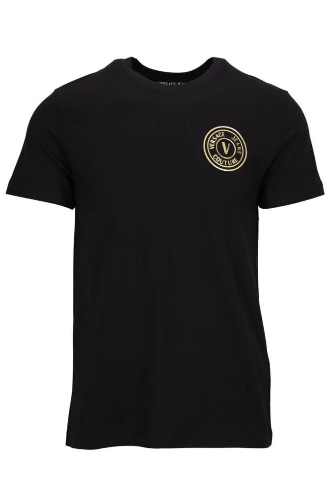 Camiseta negra con minilogo circular brillante dorado