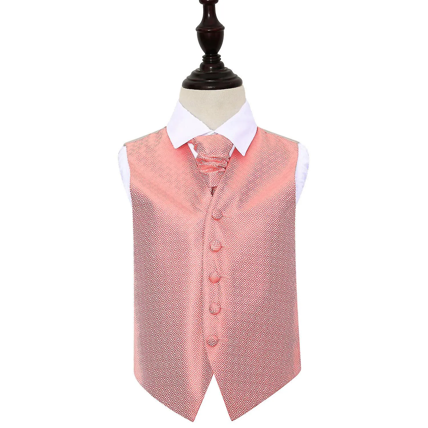 Coral Greek Key Wedding Waistcoat and Cravat Set for Boys