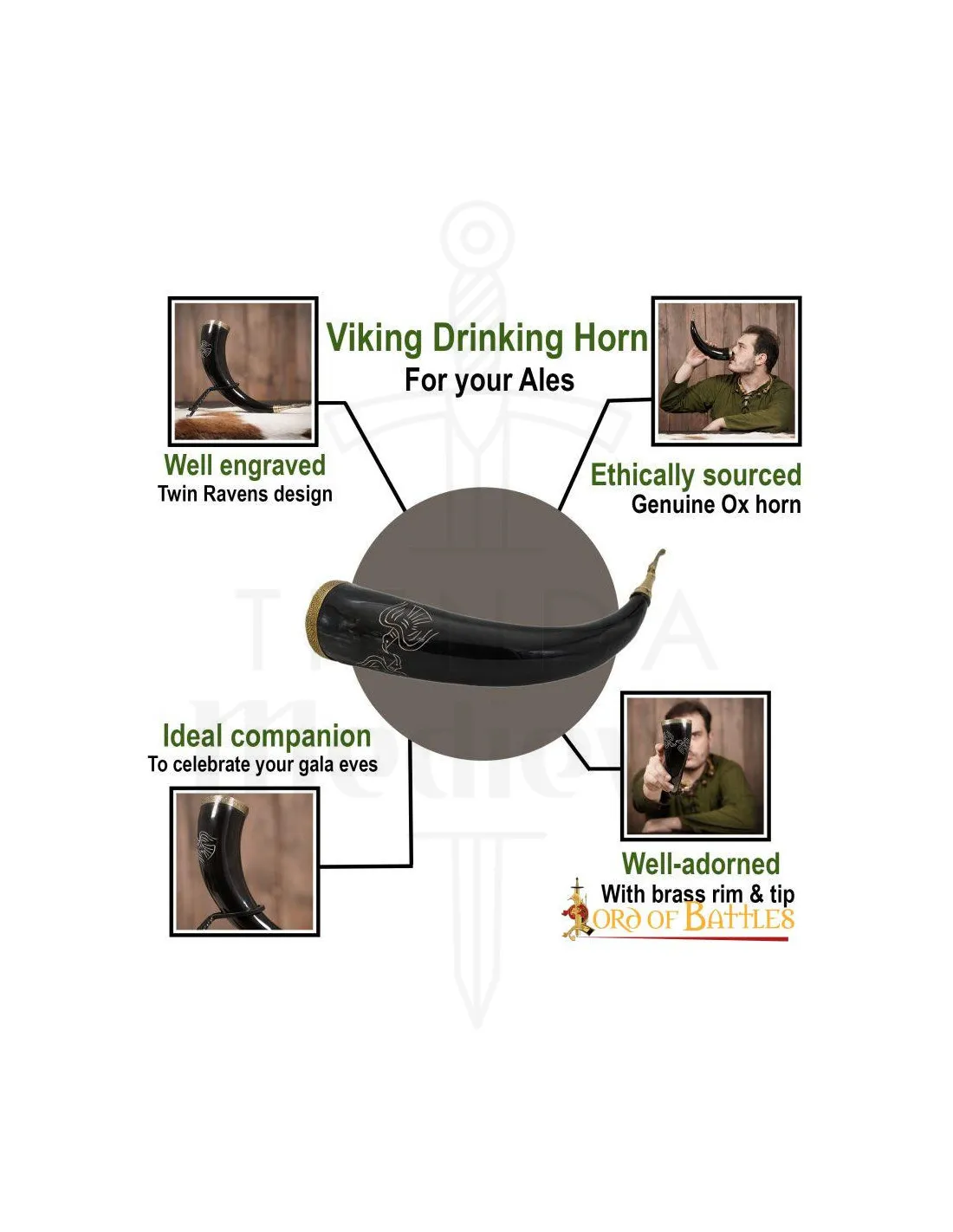 Cuerno vikingo para beber modelo Cuervos gemelos