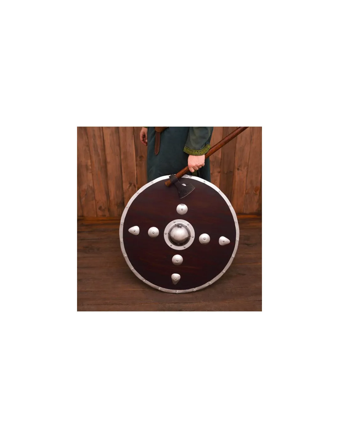 Escudo redondo vikingo de madera con tachones