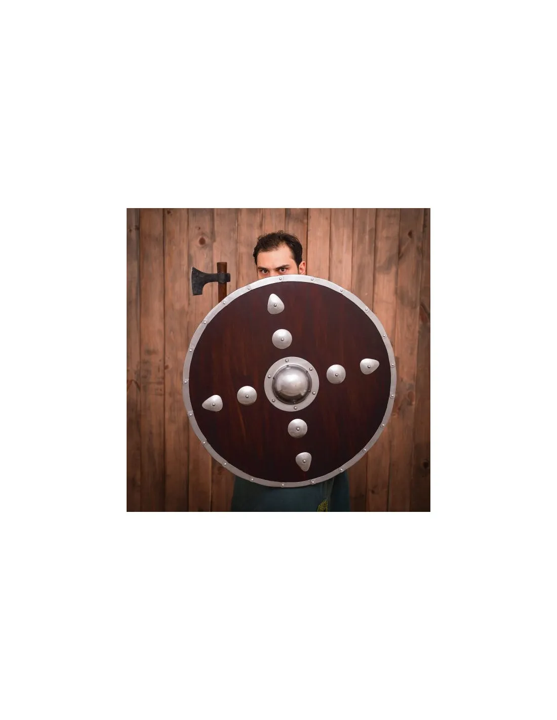 Escudo redondo vikingo de madera con tachones