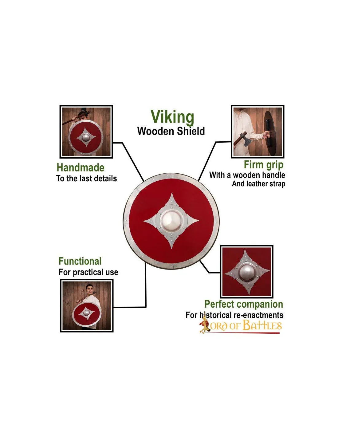 Escudo vikingo de combate de madera roja