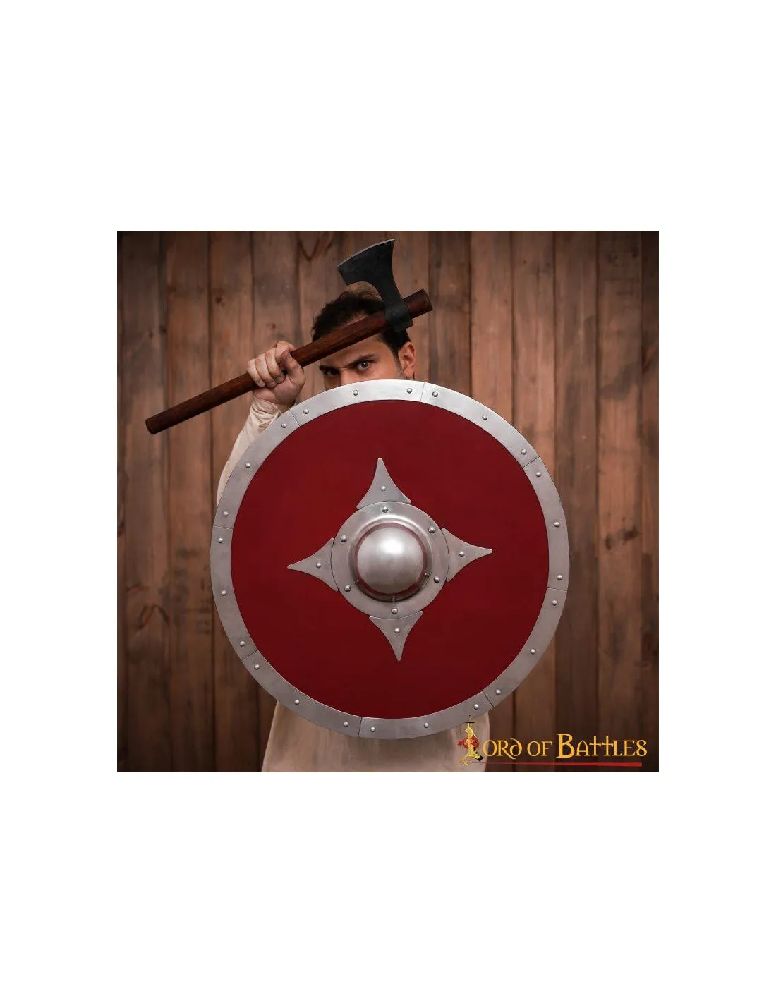 Escudo vikingo de combate de madera roja