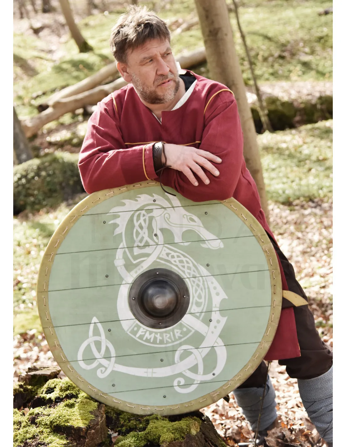 Escudo Vikingo Fenrir con ribete en cuero, 80 cm. Ø