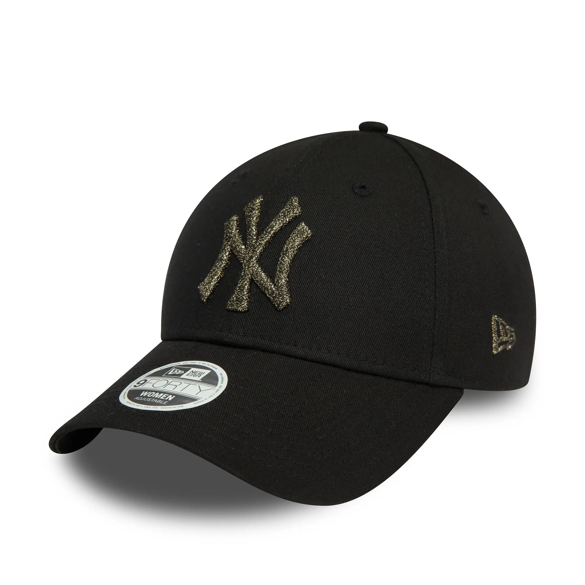 Gorra ajustable 9FORTY de las New York Yankees para mujer con logo metálico en negro.