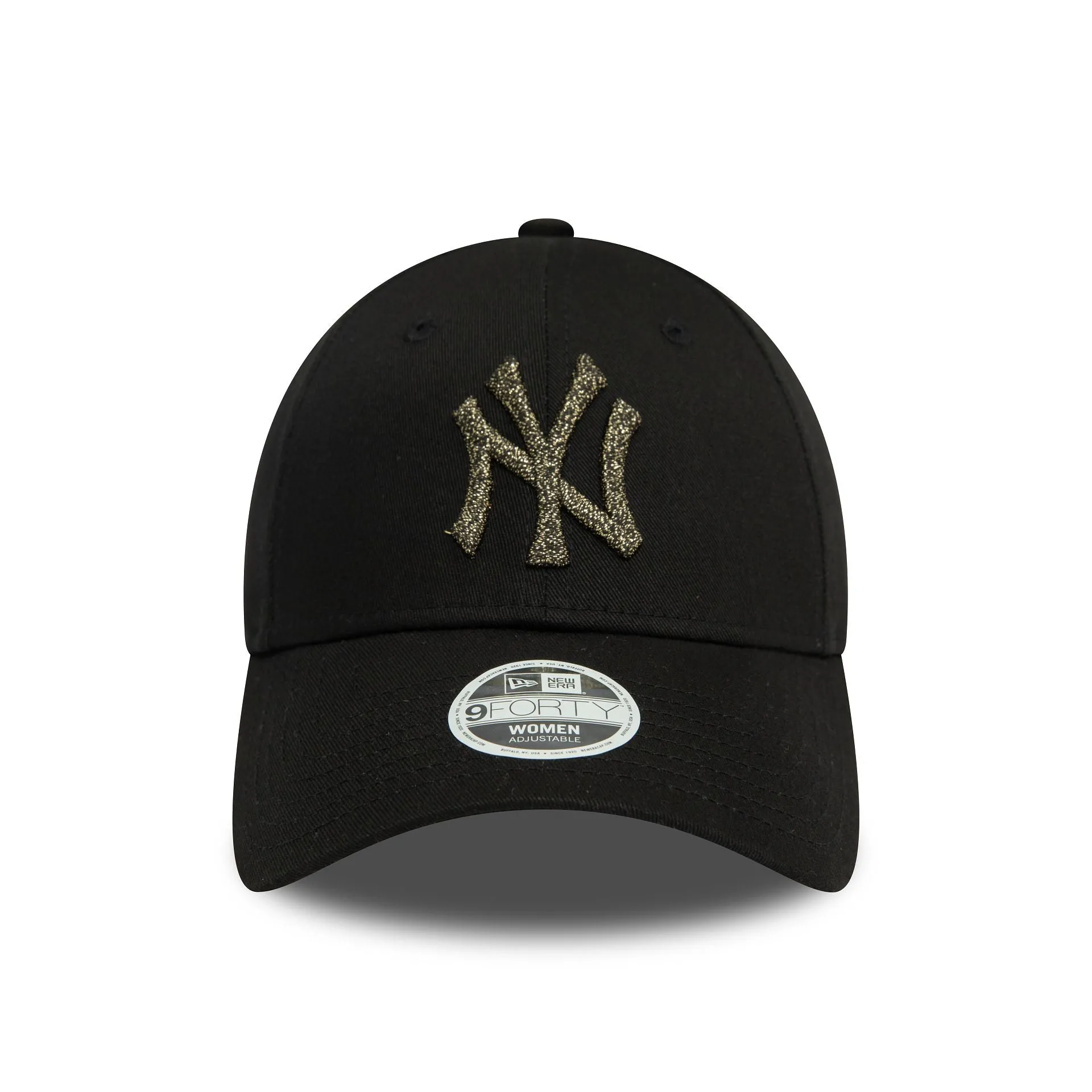 Gorra ajustable 9FORTY de las New York Yankees para mujer con logo metálico en negro.
