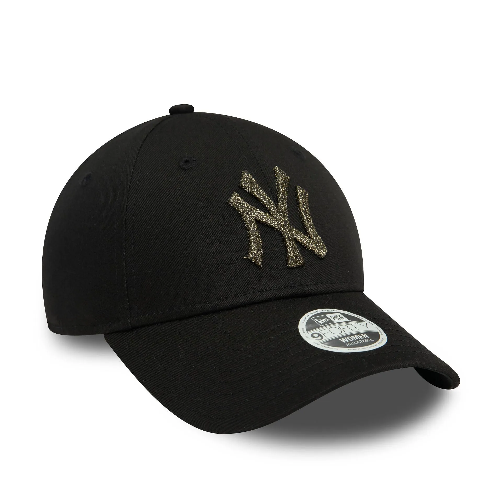 Gorra ajustable 9FORTY de las New York Yankees para mujer con logo metálico en negro.
