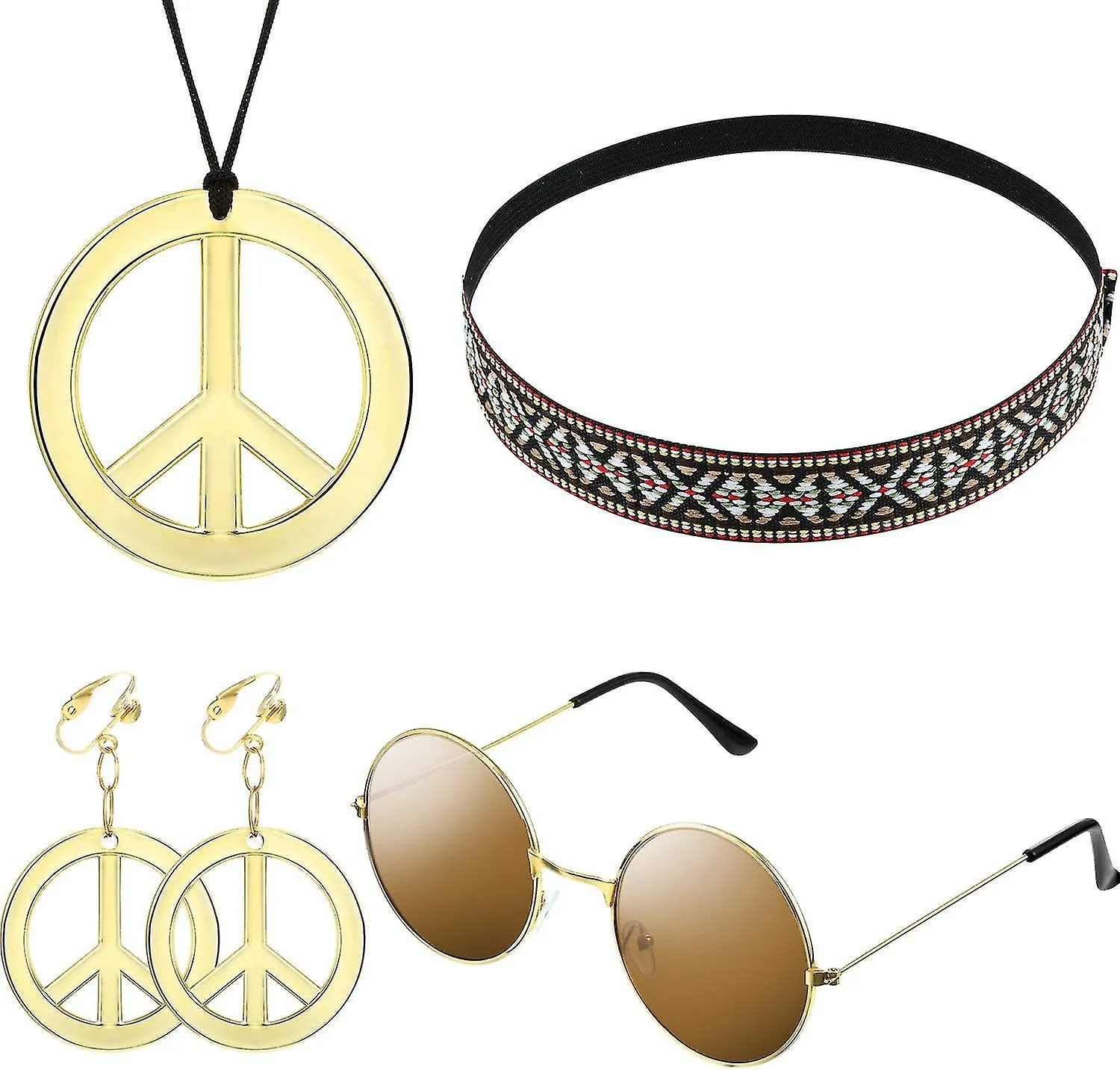 Hippie Costume Set For Women Kit Includes Sunglasses, Peace Sign Necklace And Peace Sign Earring, Bohemia Headb 4pc