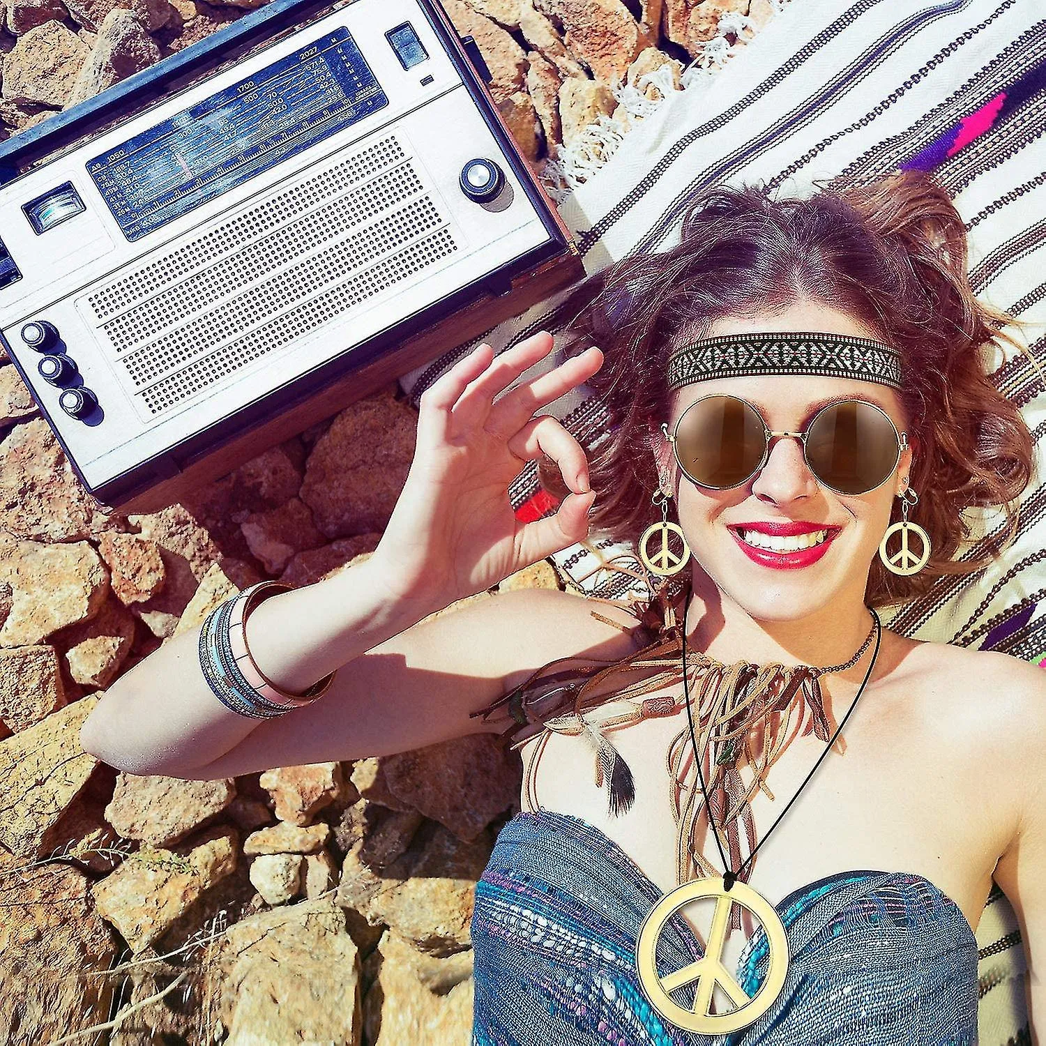 Hippie Costume Set For Women Kit Includes Sunglasses, Peace Sign Necklace And Peace Sign Earring, Bohemia Headb 4pc