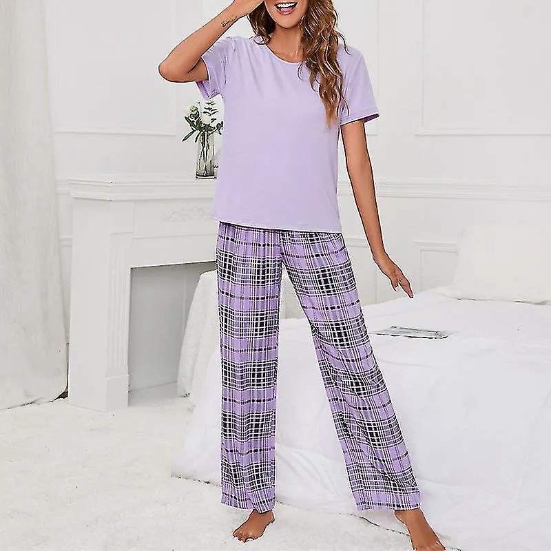 Ladies Plaid Nightwear Baggy Summer Pajamas Sets Drawstring Lounge Set