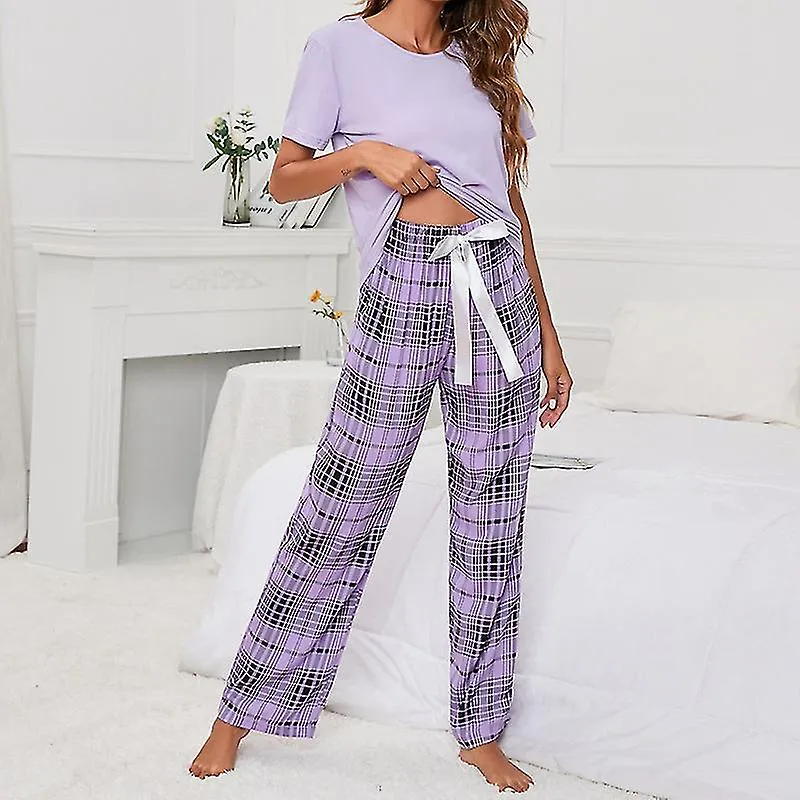 Ladies Plaid Nightwear Baggy Summer Pajamas Sets Drawstring Lounge Set