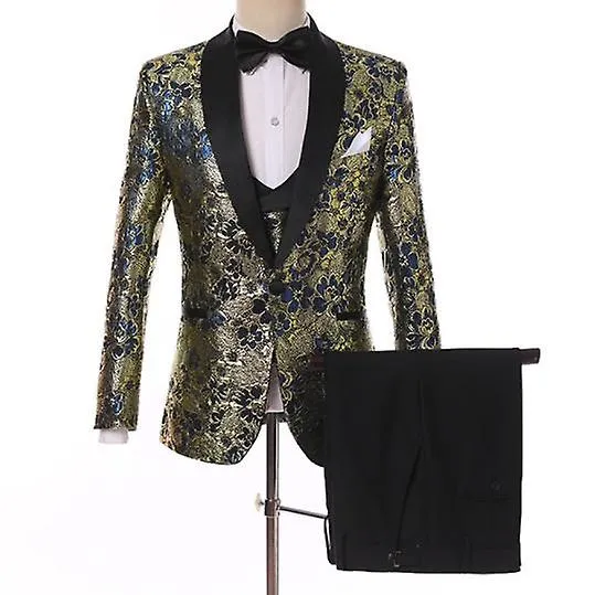 Men's Print Slim Suit Set Groom Dress Tuxedo Embroidered Suit 3Pcs