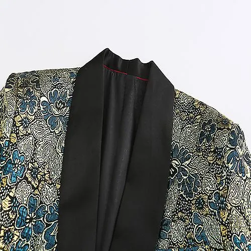 Men's Print Slim Suit Set Groom Dress Tuxedo Embroidered Suit 3Pcs