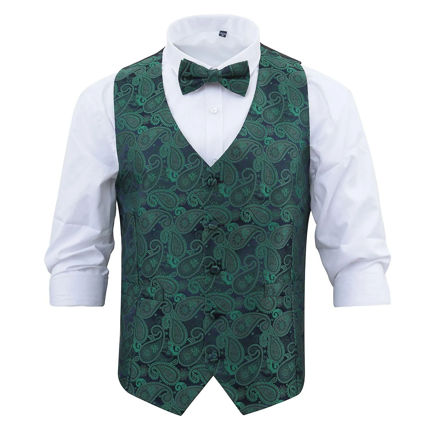 Navy and Green Paisley Bohemian Wedding Waistcoat and Bow Tie Set