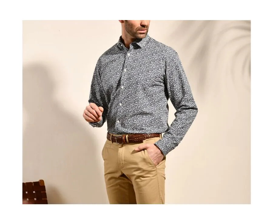 NAVY COTTON SHIRT WITH WHITE AND RED FLOWERS  VICTORIEN