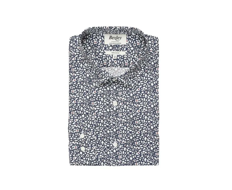 NAVY COTTON SHIRT WITH WHITE AND RED FLOWERS  VICTORIEN