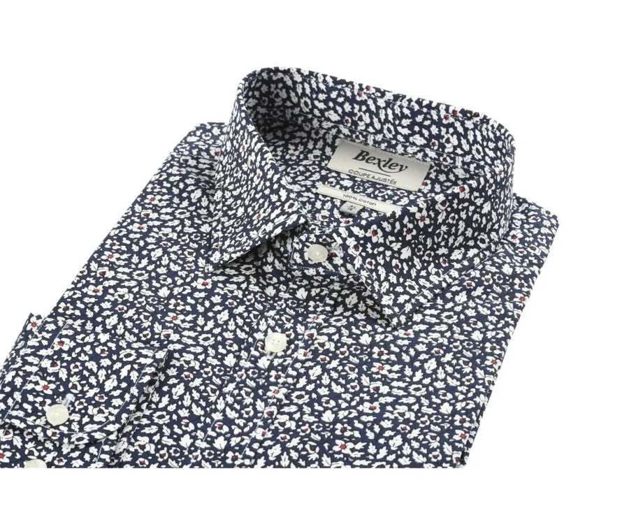 NAVY COTTON SHIRT WITH WHITE AND RED FLOWERS  VICTORIEN