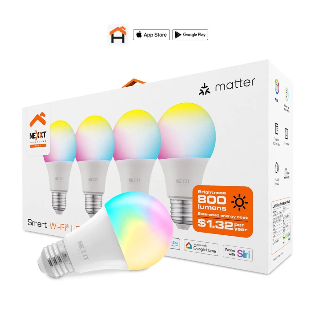 NEXXT SOLUTIONS SET BOMBILLO INTELIGENTE WIFI LED RGB 110V A19 MATTER, 4 UNIDADES