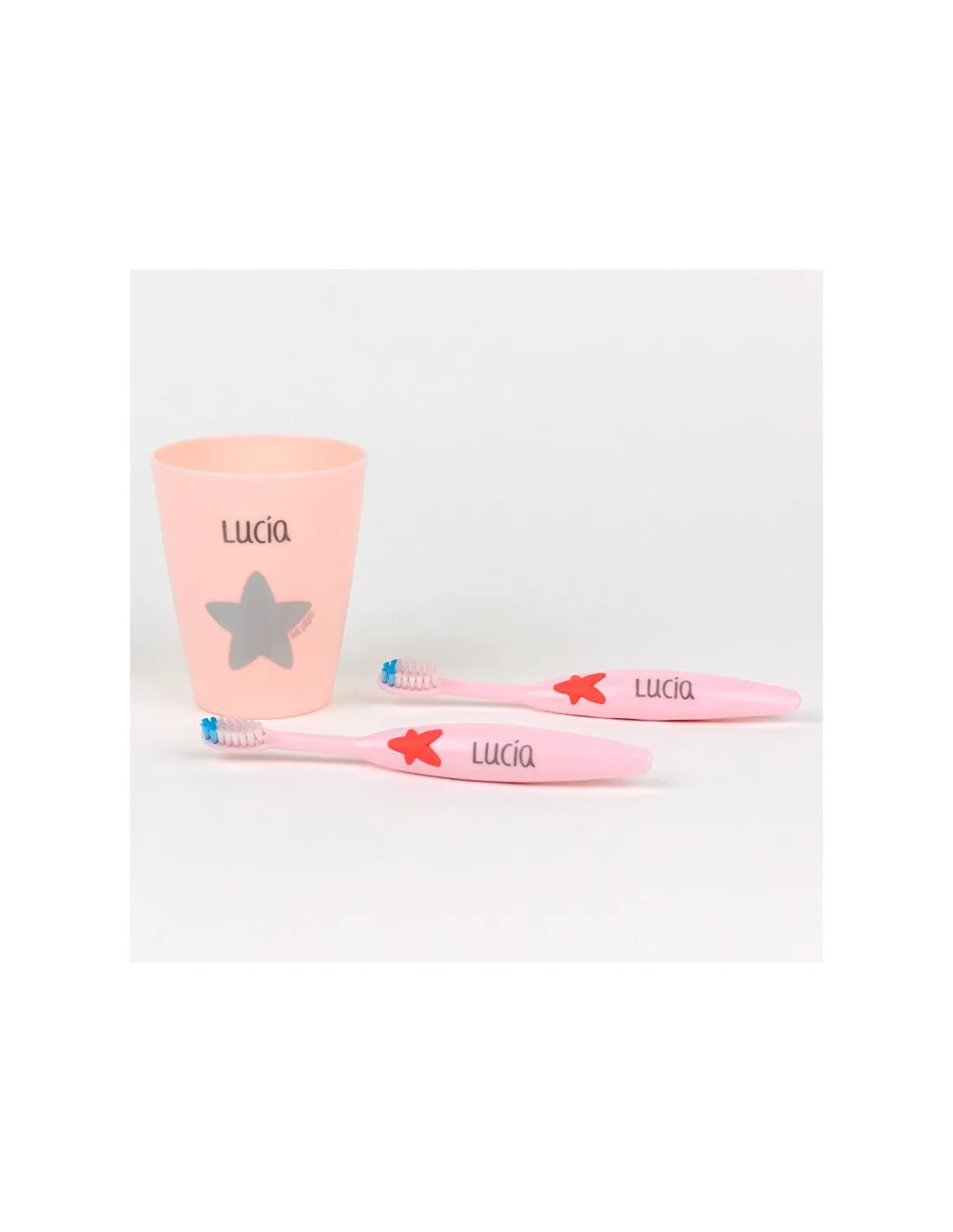 Set de 2 Cepillos dentales + vasito rosa personalizados de Mi Pipo