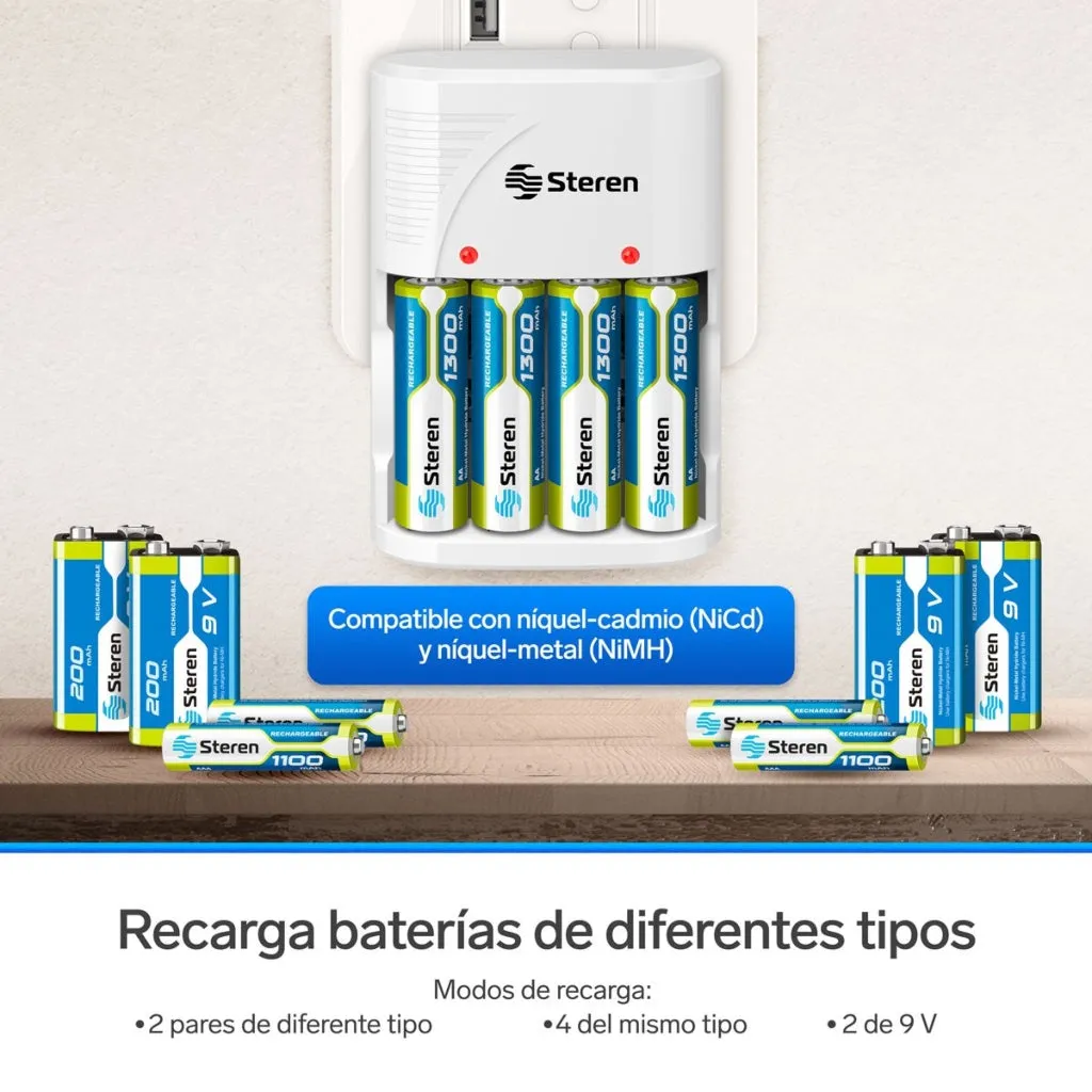 STEREN SET CARGADOR DE BATERíAS AA/AAA 9V CRG020, 5 PIEZAS