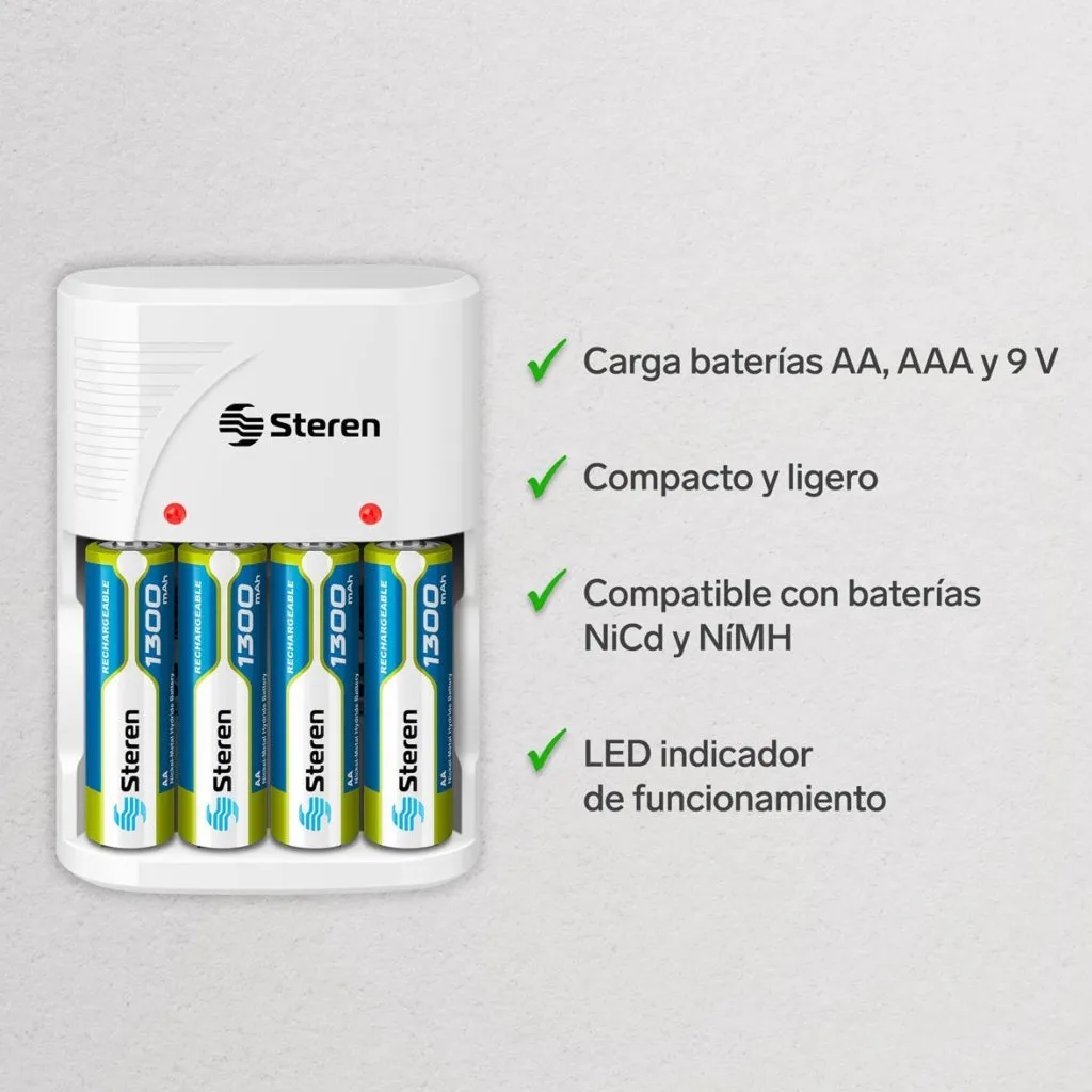 STEREN SET CARGADOR DE BATERíAS AA/AAA 9V CRG020, 5 PIEZAS