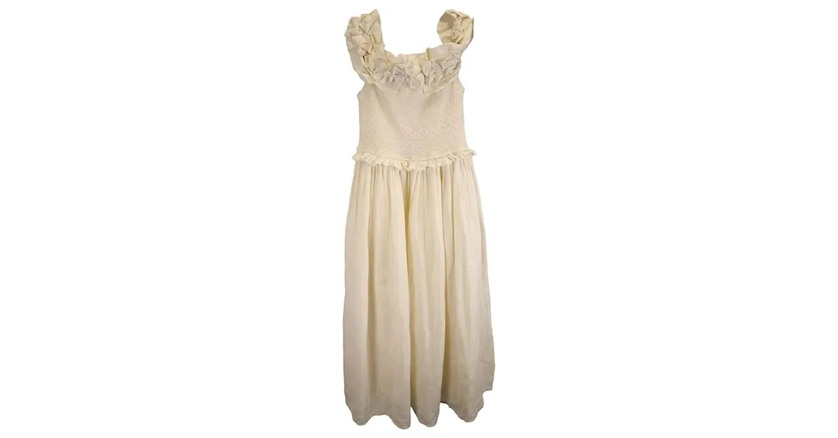 Vestido midi con volantes y hombros al descubierto Sea New York Frida en ramio crema Blanco Crudo 
